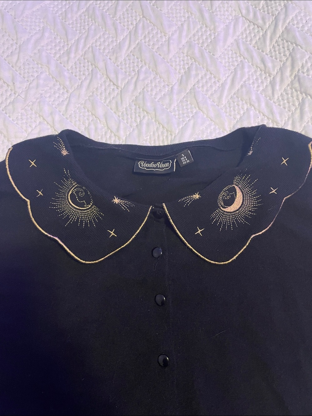 Voodoo Vixen Moonphase Black Cardigan with Embroidered Peter Pan Collar